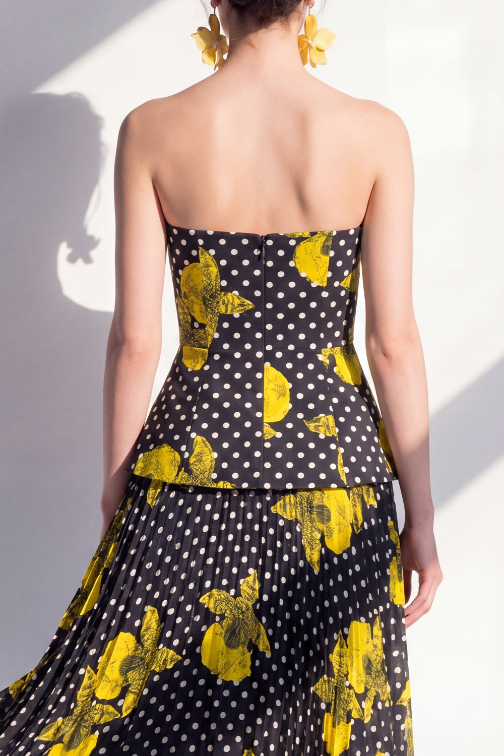 Polka Dots A Line Black Yellow Flower Maxi Beach Wedding Guest Dress