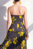 Polka Dots A Line Black Yellow Flower Maxi Beach Wedding Guest Dress