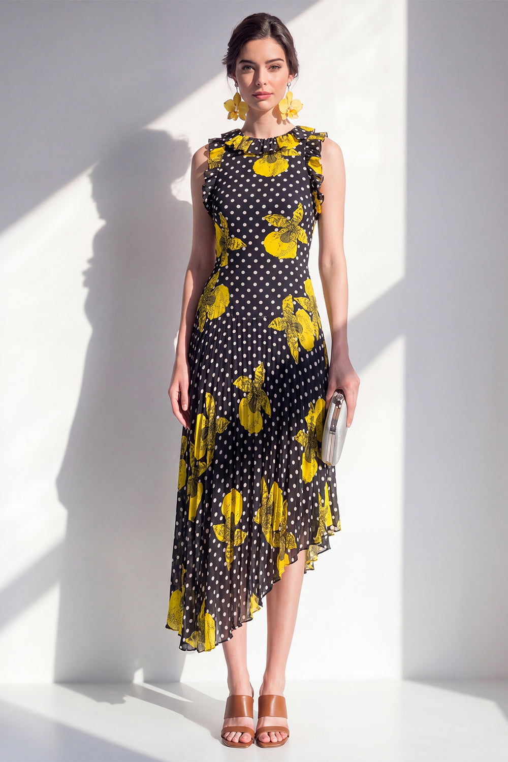 Sheath Maxi Black Yellow Flower Polka Dots Beach Wedding Guest Dress with Ruffles