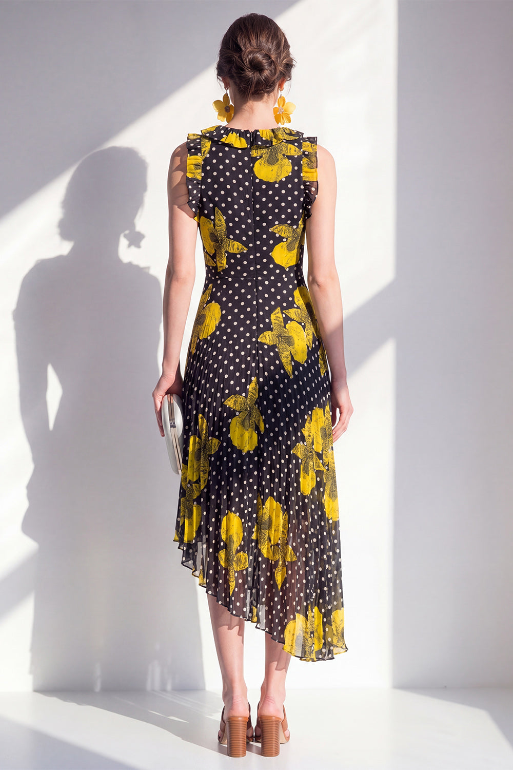 Sheath Maxi Black Yellow Flower Polka Dots Beach Wedding Guest Dress with Ruffles