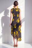 Sheath Maxi Black Yellow Flower Polka Dots Beach Wedding Guest Dress with Ruffles