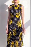 Sheath Maxi Black Yellow Flower Polka Dots Beach Wedding Guest Dress with Ruffles