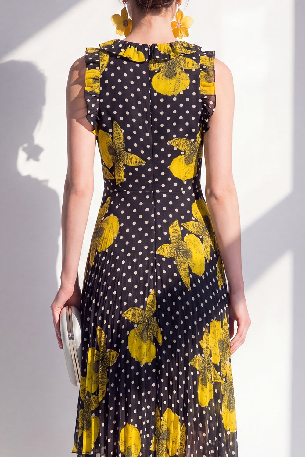Sheath Maxi Black Yellow Flower Polka Dots Beach Wedding Guest Dress with Ruffles