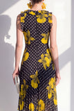 Sheath Maxi Black Yellow Flower Polka Dots Beach Wedding Guest Dress with Ruffles