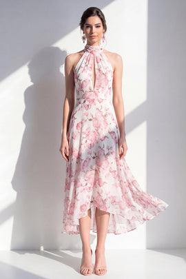 Pink Flower Keyhole A Line High Neck Maxi Beach Wedding Guest Dress