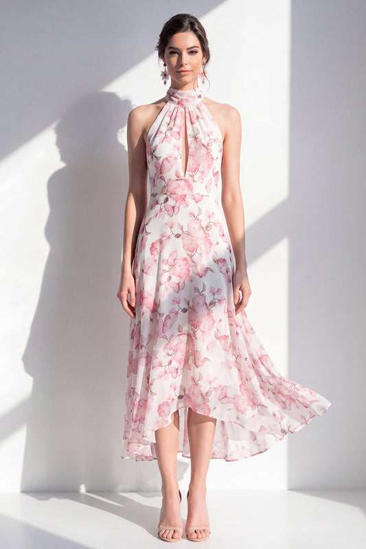 Pink Flower Keyhole A Line High Neck Maxi Beach Wedding Guest Dress