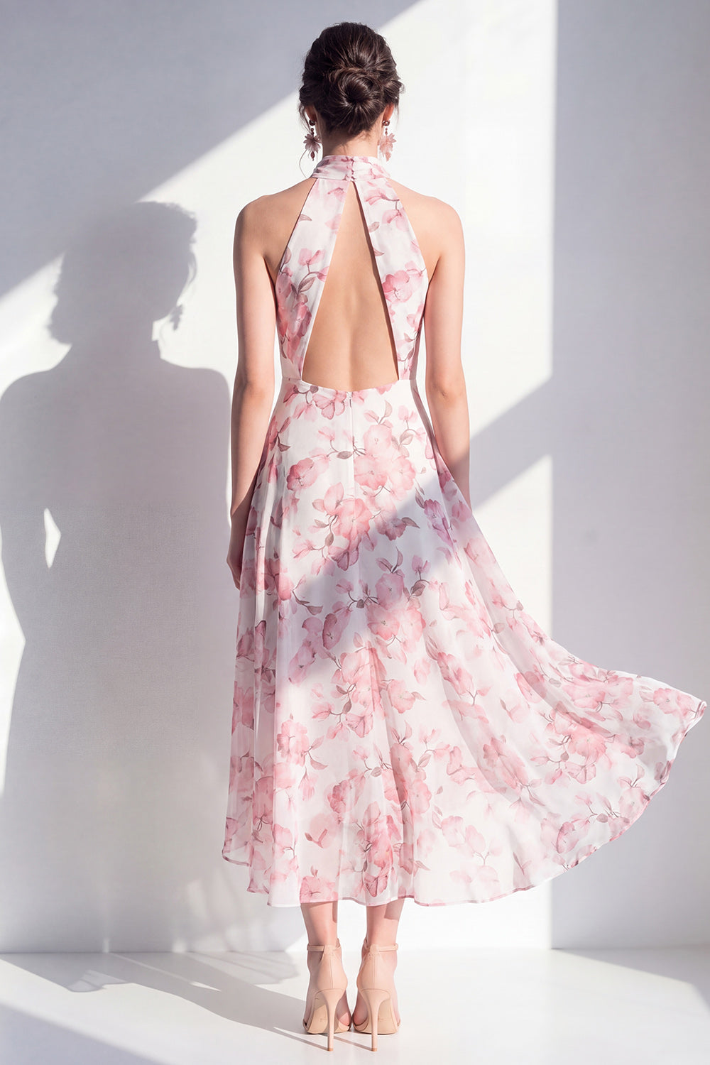 Pink Flower Keyhole A Line High Neck Maxi Beach Wedding Guest Dress