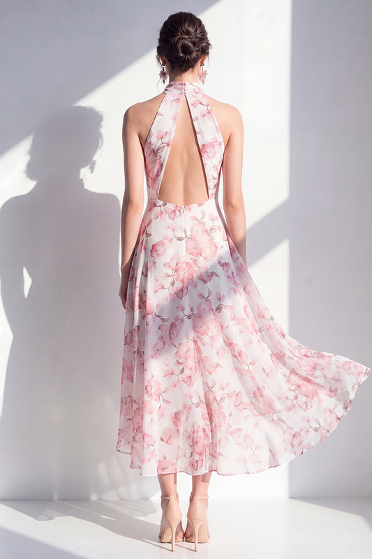 Zapakasa Women Pink Flower Maxi Beach Wedding Guest Dress A Line High Neck  Keyhole Summer Dress