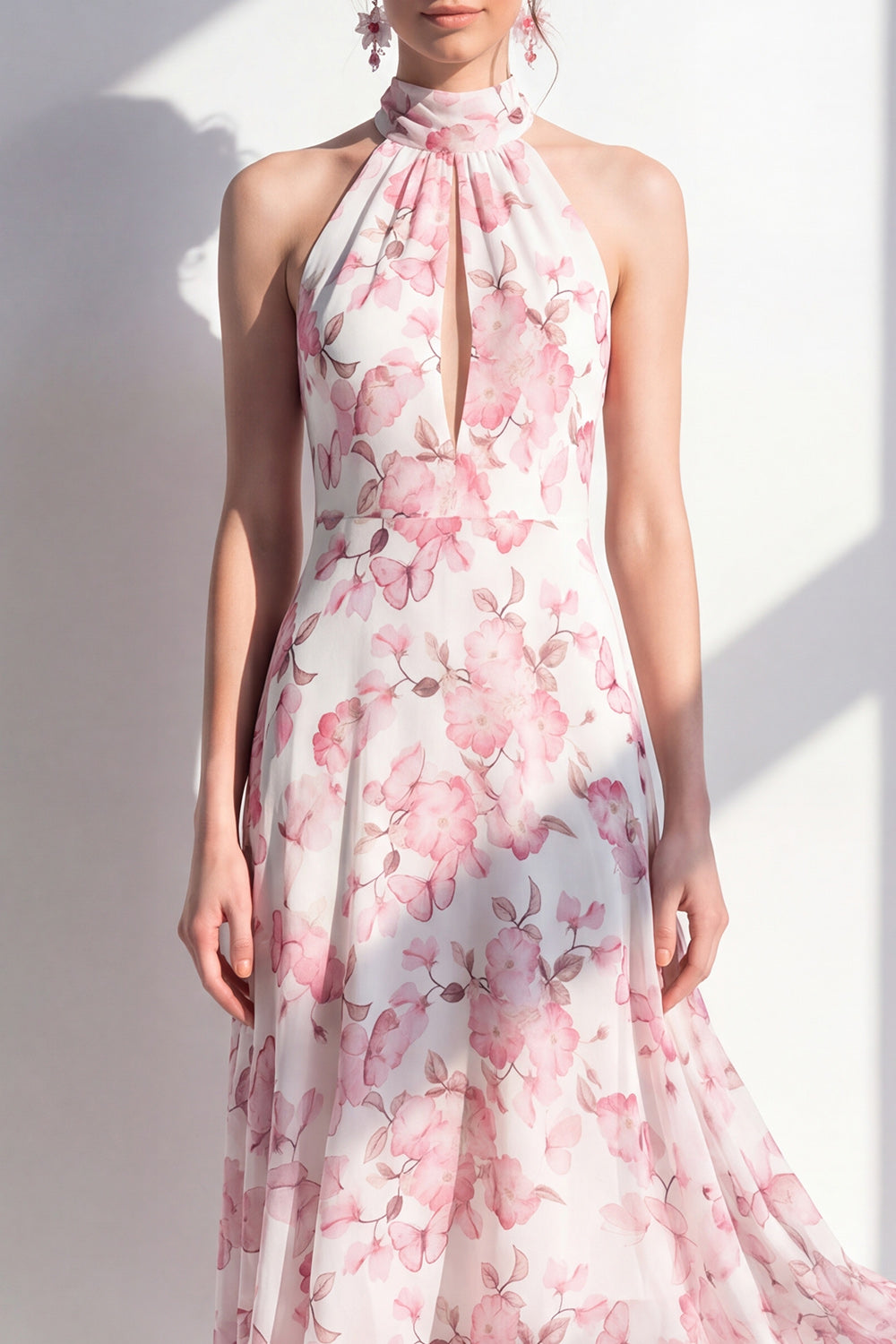 Pink Flower Keyhole A Line High Neck Maxi Beach Wedding Guest Dress