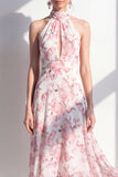 Pink Flower Keyhole A Line High Neck Maxi Beach Wedding Guest Dress