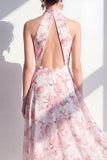 Pink Flower Keyhole A Line High Neck Maxi Beach Wedding Guest Dress