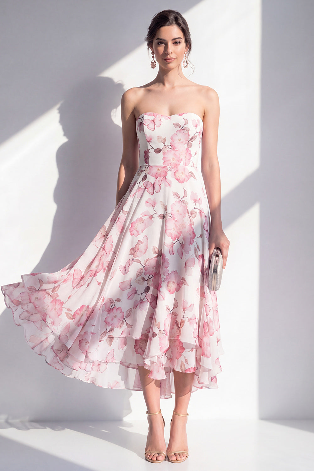 Pink Flower A Line Strapless Maxi Beach Wedding Guest Dress