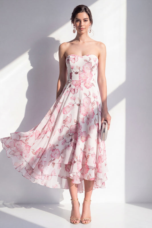 Pink Flower A Line Strapless Maxi Beach Wedding Guest Dress