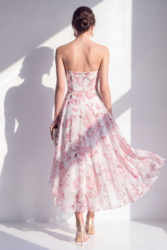 Pink Flower A Line Strapless Maxi Beach Wedding Guest Dress