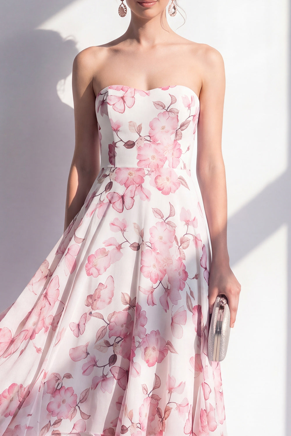 Pink Flower A Line Strapless Maxi Beach Wedding Guest Dress