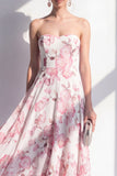 Pink Flower A Line Strapless Maxi Beach Wedding Guest Dress