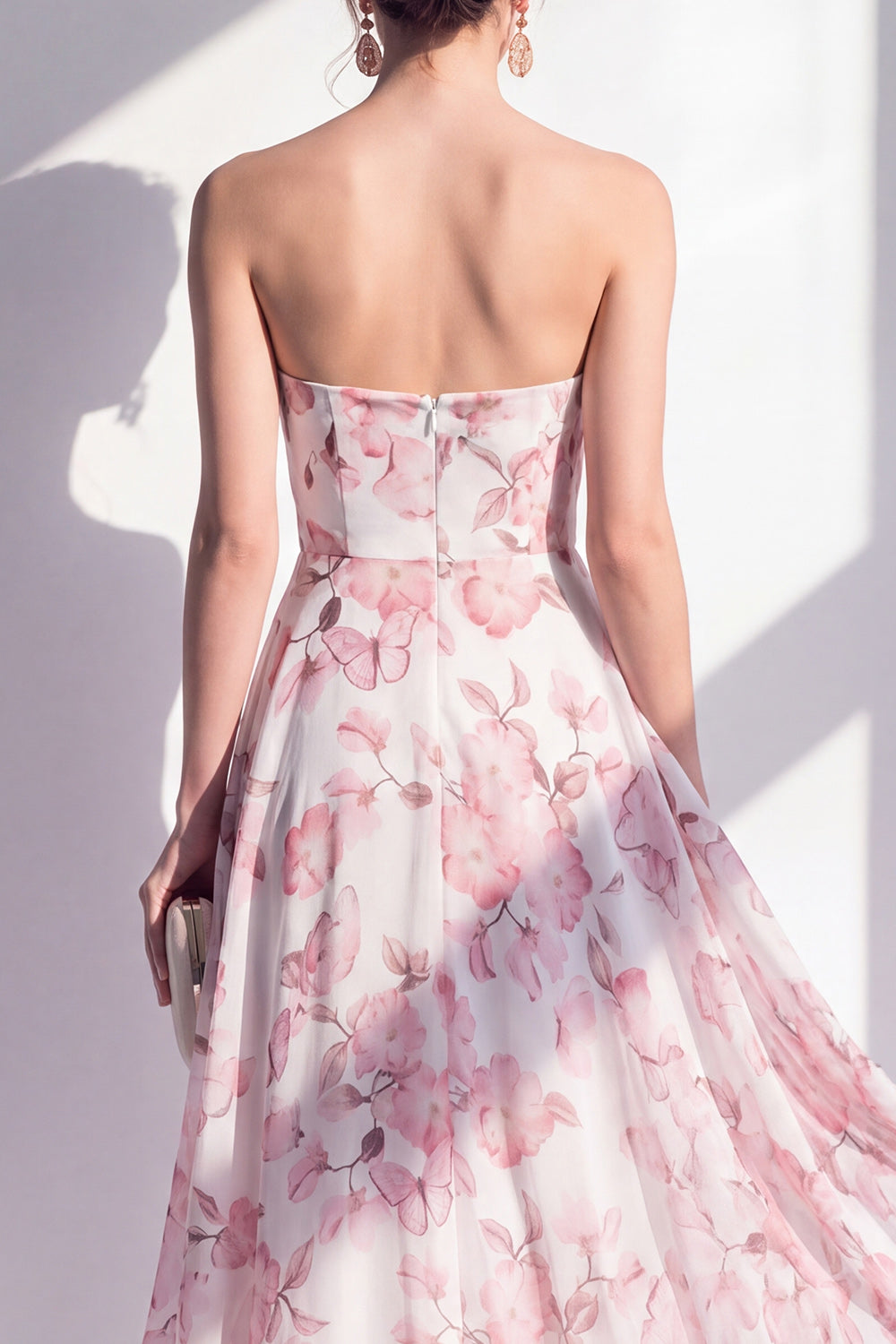 Pink Flower A Line Strapless Maxi Beach Wedding Guest Dress