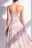 Pink Flower A Line Strapless Maxi Beach Wedding Guest Dress