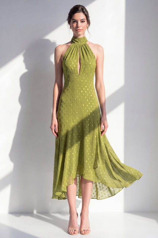 Olive High Neck Keyhole A Line Maxi Beach Wedding Guest Dress