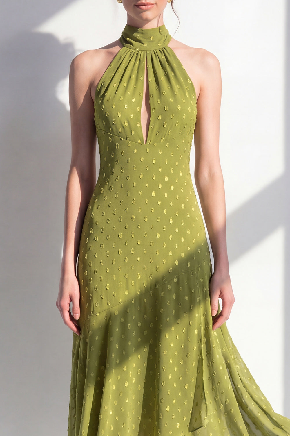 Olive High Neck Keyhole A Line Maxi Beach Wedding Guest Dress