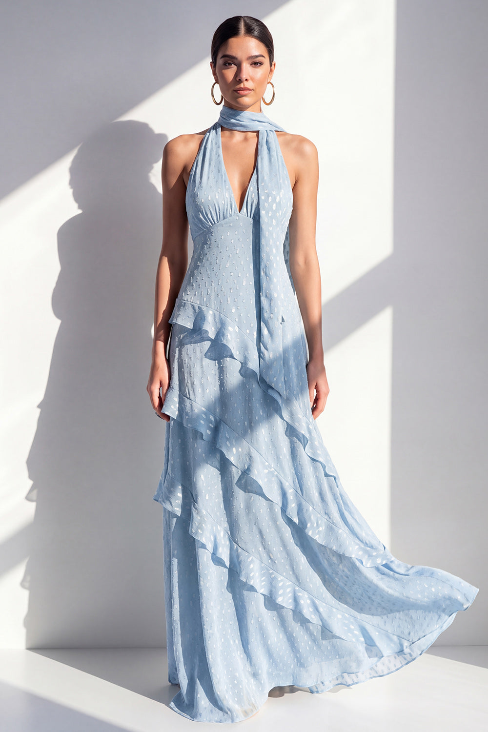 Yellow Halter A Line Maxi Beach Wedding Guest Dress with Ruffles