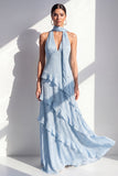 Yellow Halter A Line Maxi Beach Wedding Guest Dress with Ruffles