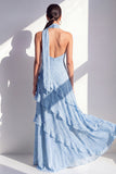 Yellow Halter A Line Maxi Beach Wedding Guest Dress with Ruffles