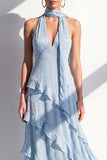 Yellow Halter A Line Maxi Beach Wedding Guest Dress with Ruffles