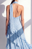 Yellow Halter A Line Maxi Beach Wedding Guest Dress with Ruffles