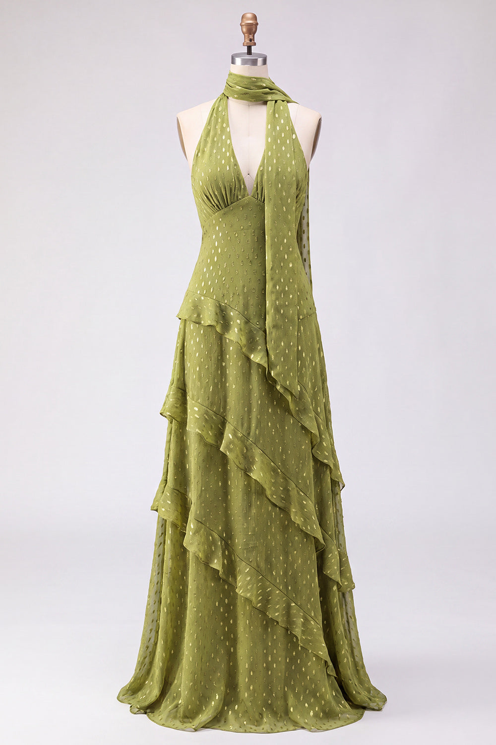Olive Halter A Line Maxi Beach Wedding Guest Dress with Ruffles