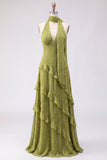 Olive Halter A Line Maxi Beach Wedding Guest Dress with Ruffles