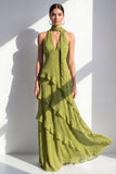 Yellow Halter A Line Maxi Beach Wedding Guest Dress with Ruffles