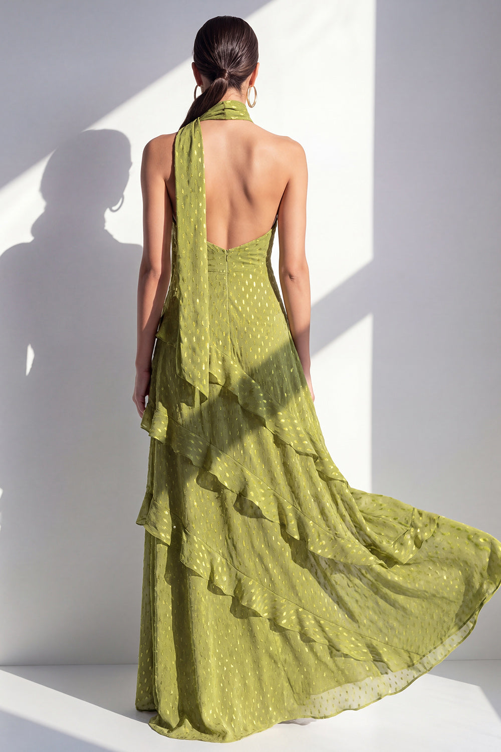 Yellow Halter A Line Maxi Beach Wedding Guest Dress with Ruffles