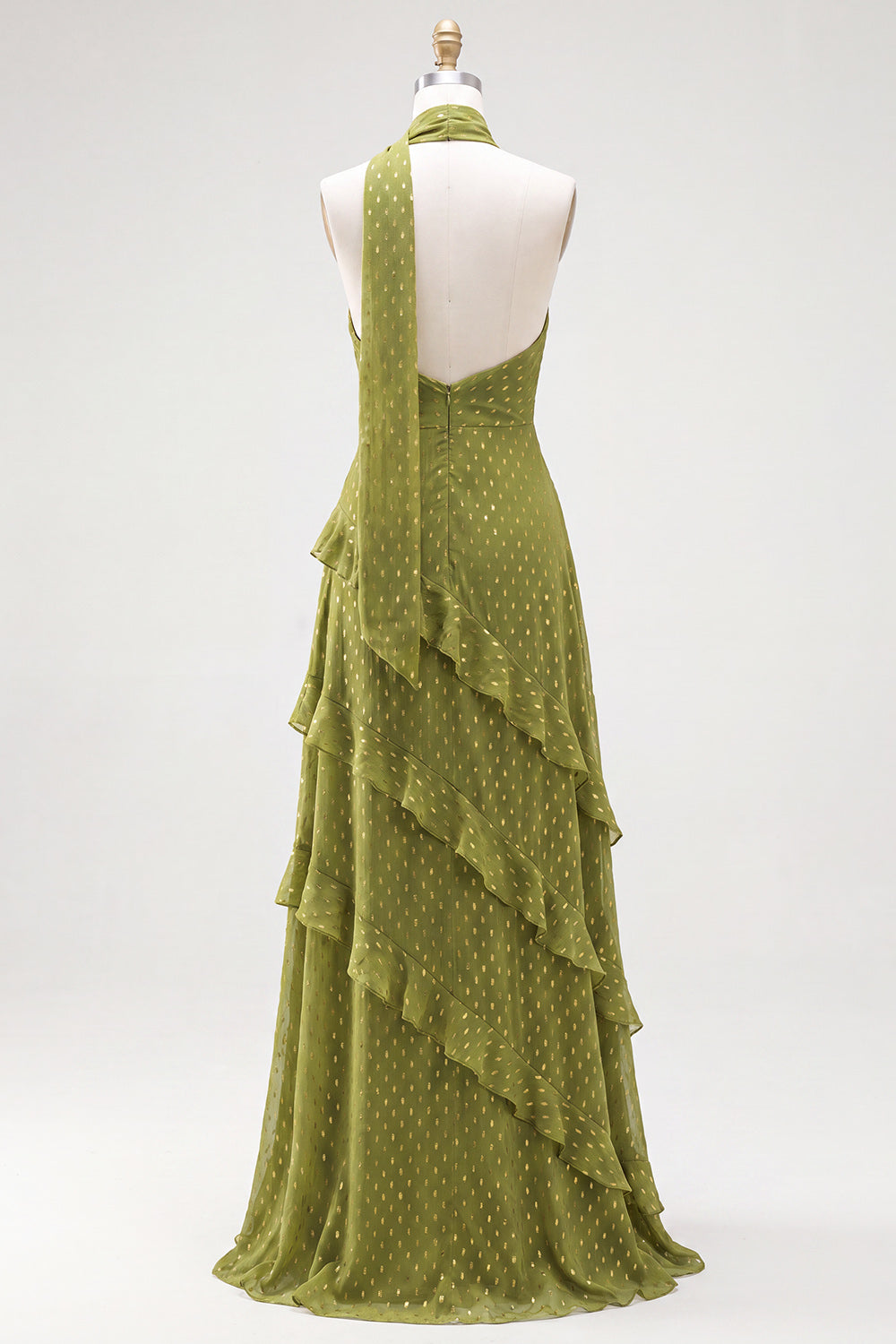 Olive Halter A Line Maxi Beach Wedding Guest Dress with Ruffles