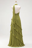 Olive Halter A Line Maxi Beach Wedding Guest Dress with Ruffles