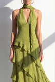 Yellow Halter A Line Maxi Beach Wedding Guest Dress with Ruffles