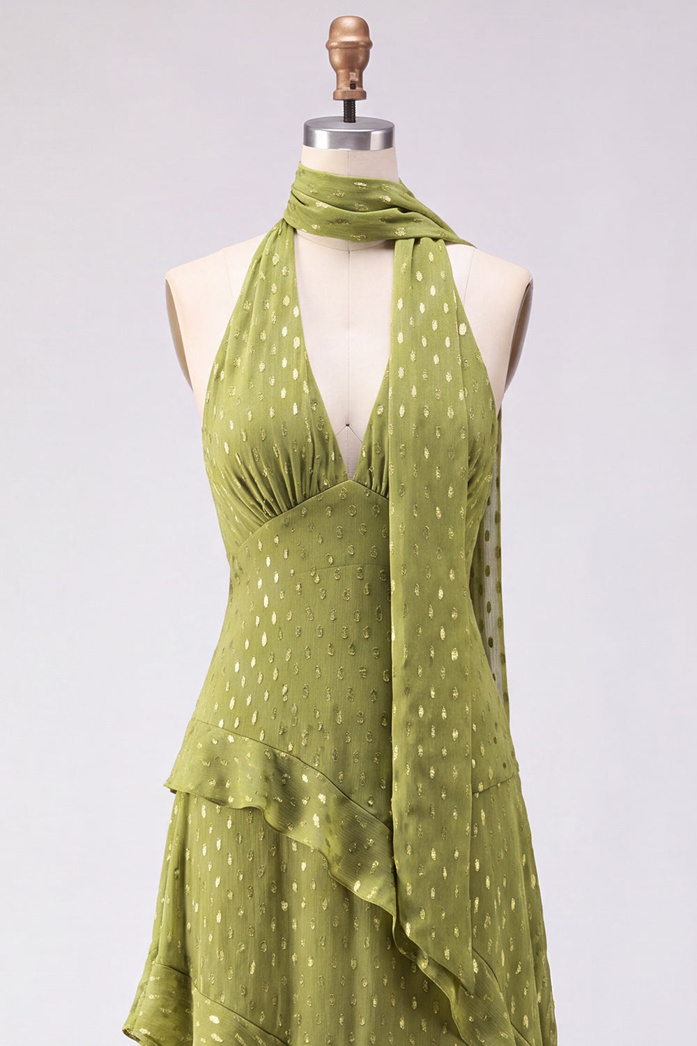 Olive Halter A Line Maxi Beach Wedding Guest Dress with Ruffles