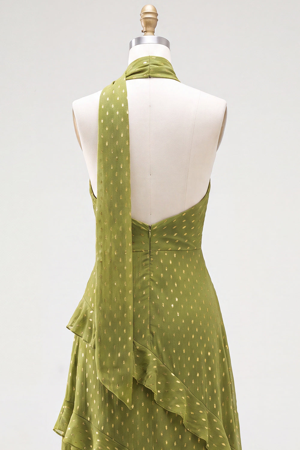 Olive Halter A Line Maxi Beach Wedding Guest Dress with Ruffles