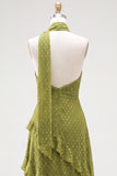 Olive Halter A Line Maxi Beach Wedding Guest Dress with Ruffles