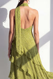 Yellow Halter A Line Maxi Beach Wedding Guest Dress with Ruffles