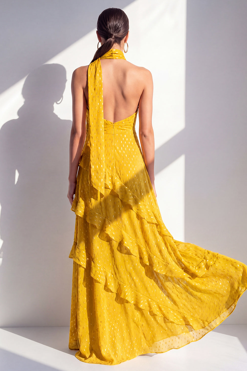 Zapaka Women Yellow Maxi Dress with Ruffles A-Line Halter Neck Chiffon Wedding Guest Dress, Yellow / US6