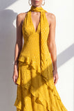 Yellow Halter A Line Maxi Beach Wedding Guest Dress with Ruffles