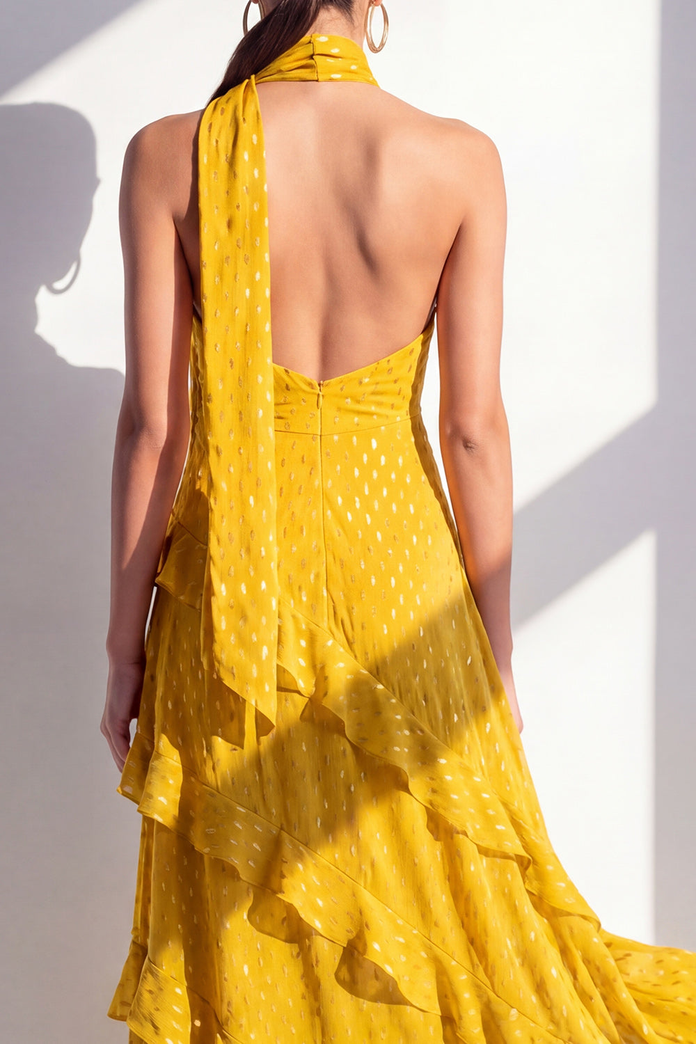Yellow Halter A Line Maxi Beach Wedding Guest Dress with Ruffles