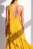 Yellow Halter A Line Maxi Beach Wedding Guest Dress with Ruffles