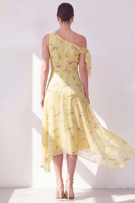 Zapakasa Women Butter Yellow Floral Maxi Beach Wedding Guest Dress A Line  One Shoulder Summer Dress