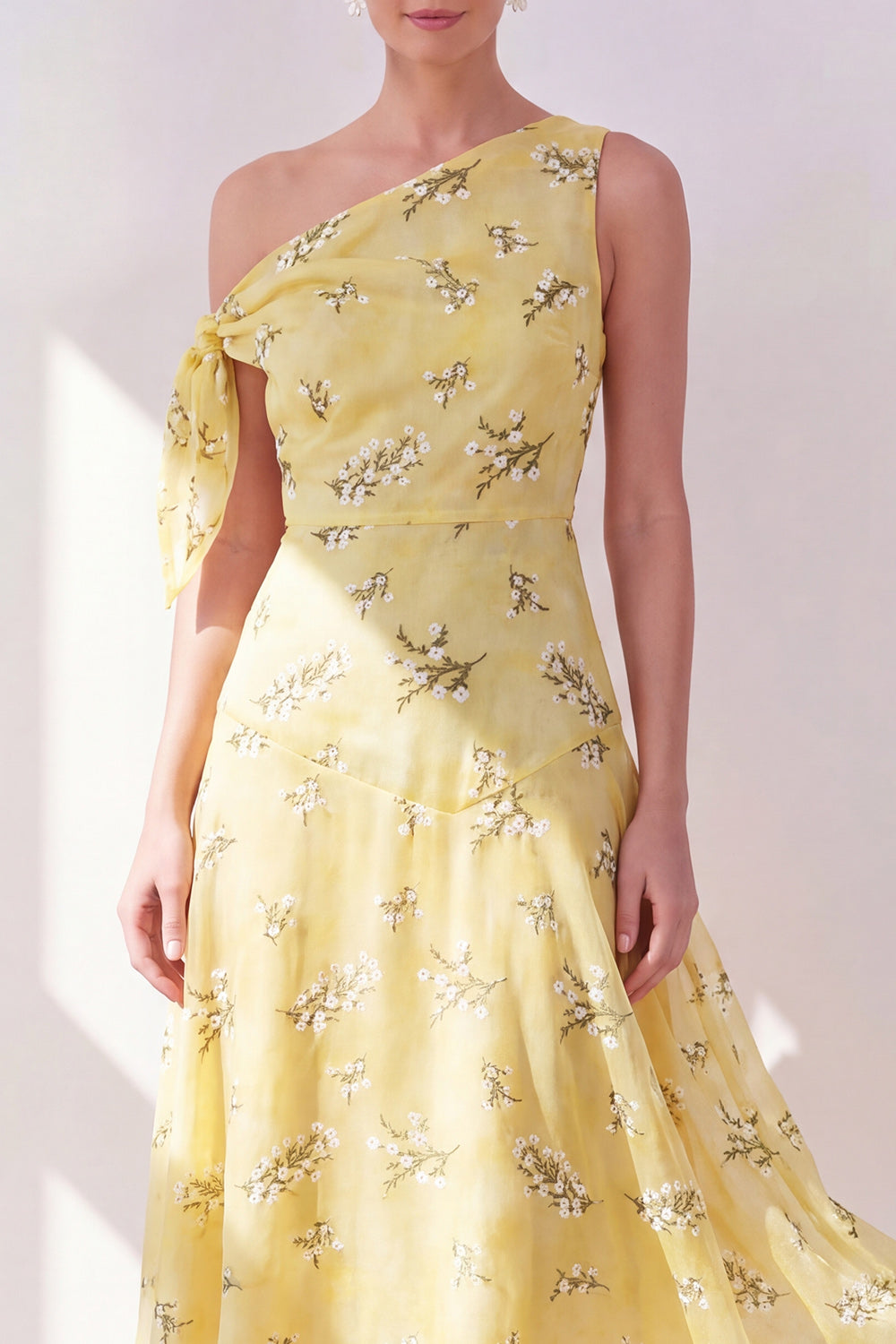 One Shoulder Floral Butter Yellow A Line Maxi Beach Wedding Guest Dress