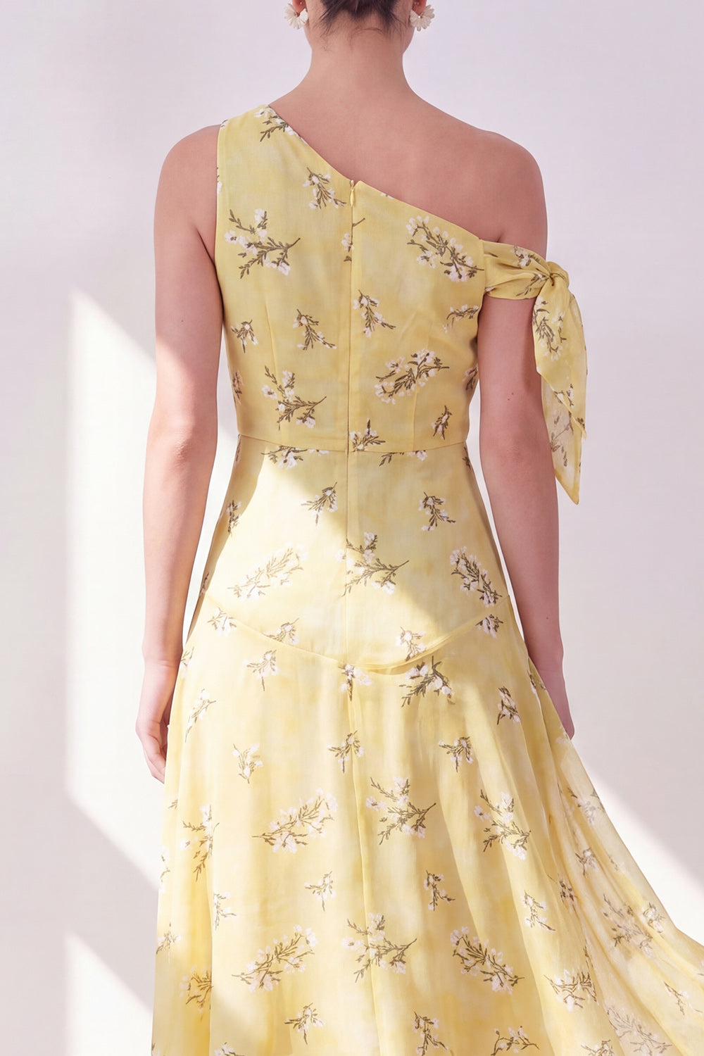One Shoulder Floral Butter Yellow A Line Maxi Beach Wedding Guest Dress