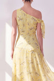 One Shoulder Floral Butter Yellow A Line Maxi Beach Wedding Guest Dress