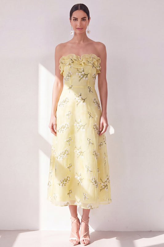 Strapless Floral Butter Yellow A Line Maxi Beach Wedding Guest Dress with Ruffles