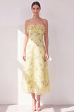 Strapless Floral Butter Yellow A Line Maxi Beach Wedding Guest Dress with Ruffles